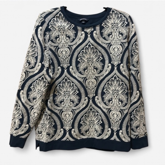 Lands End Navy Damask Velvet Print Sweatshirt Size L Tall - Picture 1 of 4